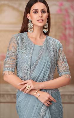 Sky blue soft silk blend embroidered saree with unstitched blouse piece 2