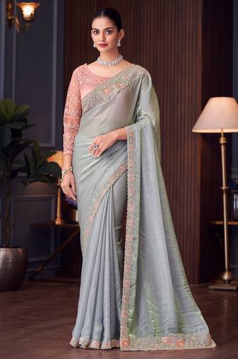 Grey chiffon embroidered saree with unstitched blouse piece