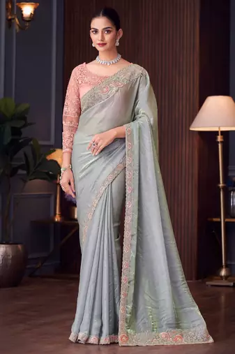 Grey chiffon embroidered saree with unstitched blouse piece