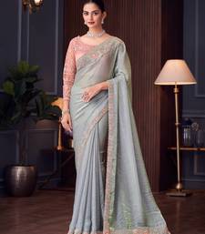 Grey chiffon embroidered saree with unstitched blouse piece