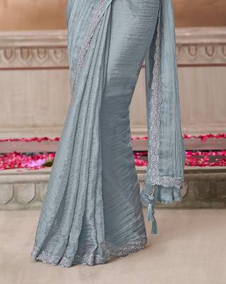 Sky blue soft silk blend embroidered saree with unstitched blouse piece 3
