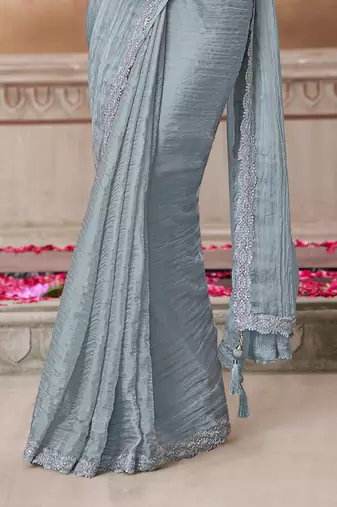Sky blue soft silk blend embroidered saree with unstitched blouse piece