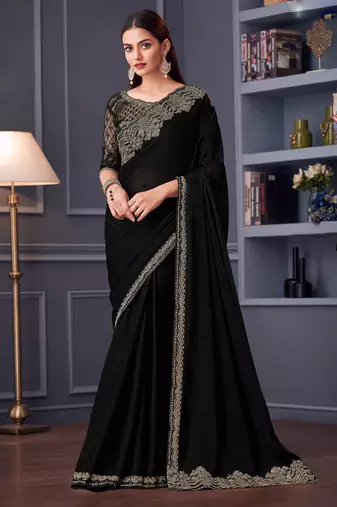 Black satin chiffon embroidered saree with unstitched blouse piece