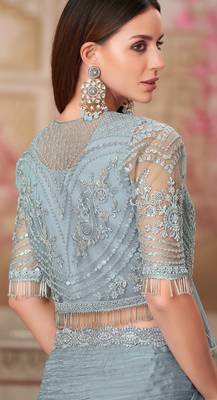 Sky blue soft silk blend embroidered saree with unstitched blouse piece 4