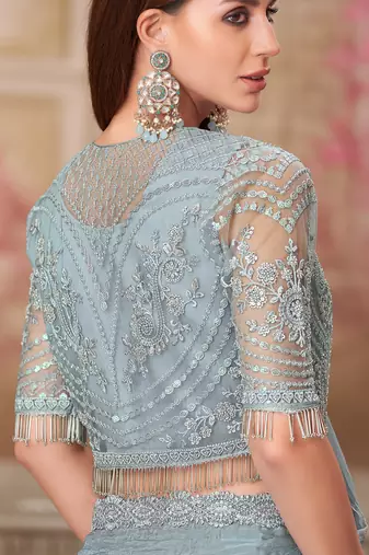 Sky blue soft silk blend embroidered saree with unstitched blouse piece