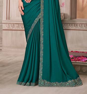 Teal soft silk blend embroidered saree with unstitched blouse piece 3