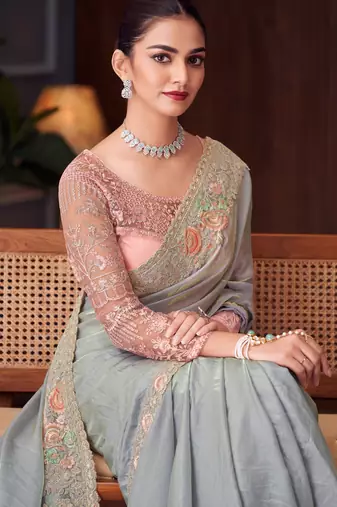 Grey chiffon embroidered saree with unstitched blouse piece