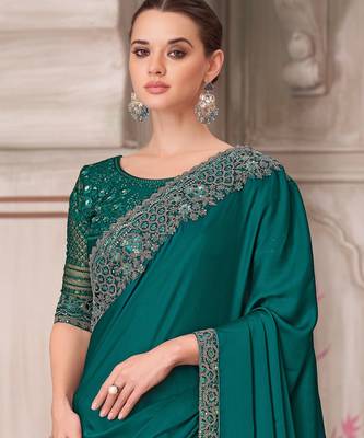 Teal soft silk blend embroidered saree with unstitched blouse piece 4