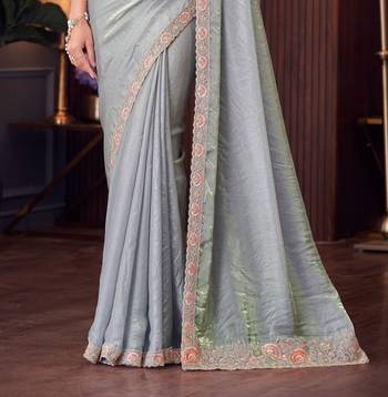 Grey chiffon embroidered saree with unstitched blouse piece 3