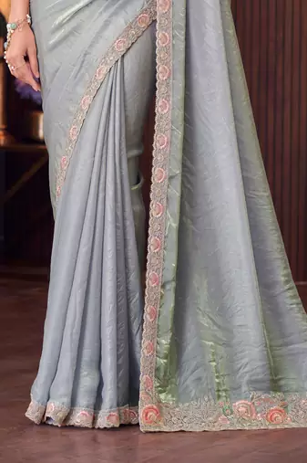 Grey chiffon embroidered saree with unstitched blouse piece