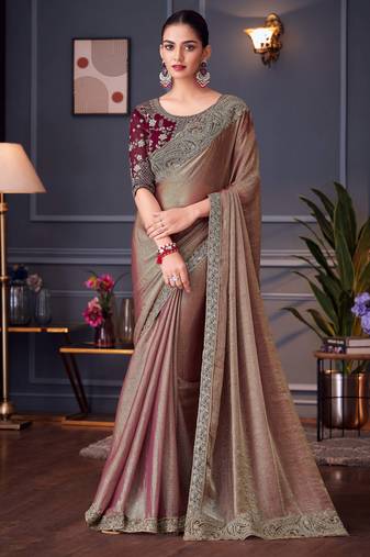Beige soft silk blend embroidered saree with unstitched blouse piece