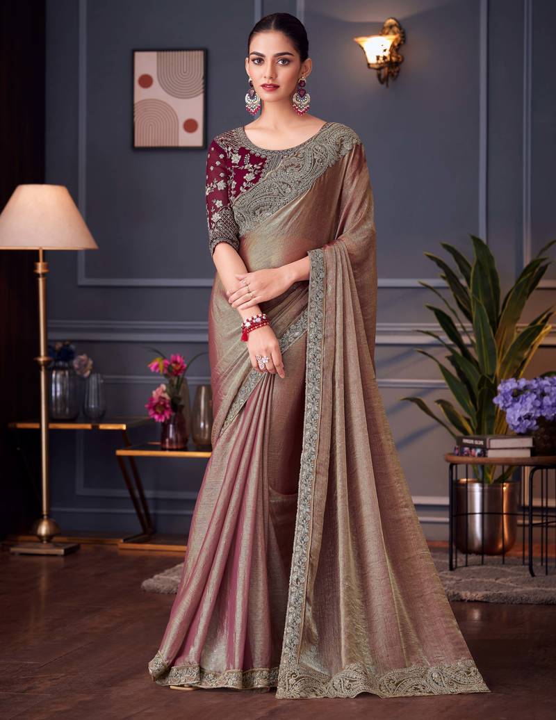 Beige soft silk blend embroidered saree with unstitched blouse piece