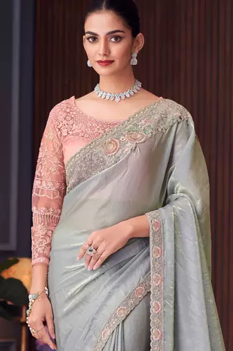 Grey chiffon embroidered saree with unstitched blouse piece