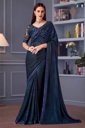 Blue silk blend embroidered saree with unstitched blouse piece