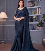 Blue silk blend embroidered saree with unstitched blouse piece