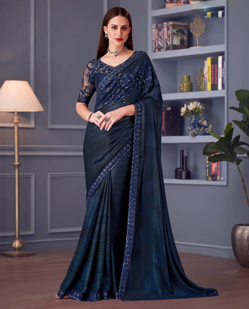 Blue silk blend embroidered saree with unstitched blouse piece