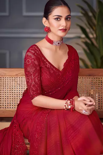 Rani silk blend embroidered saree with unstitched blouse piece
