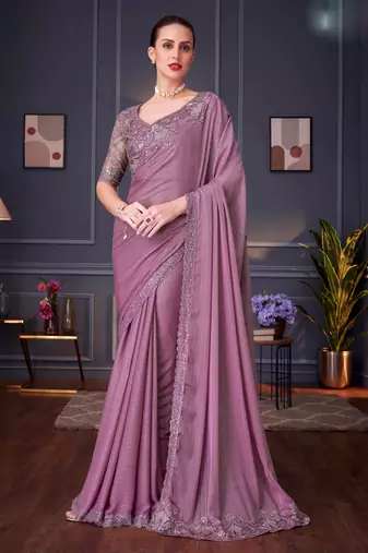 Lavender soft silk blend embroidered saree with unstitched blouse piece