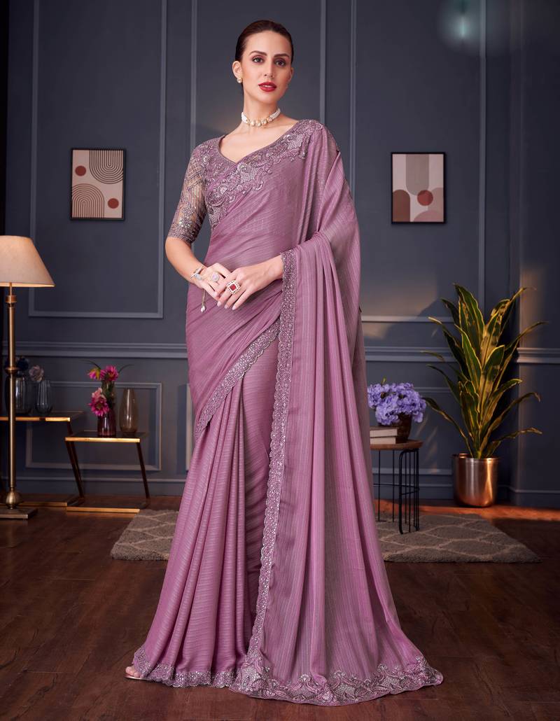 Lavender soft silk blend embroidered saree with unstitched blouse piece