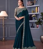 Teal shimmer georgette embroidered saree with unstitched blouse piece