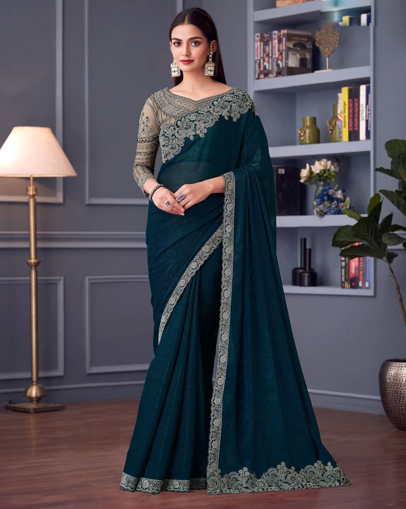 Teal shimmer georgette embroidered saree with unstitched blouse piece