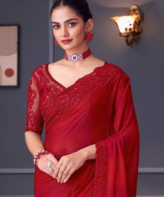 Rani silk blend embroidered saree with unstitched blouse piece 4