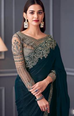 Teal shimmer georgette embroidered saree with unstitched blouse piece 2