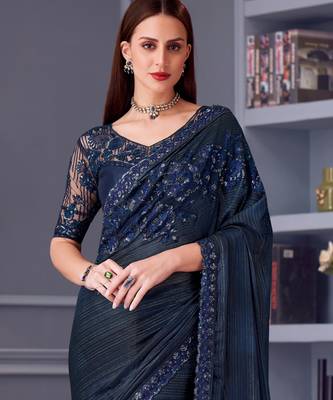 Blue silk blend embroidered saree with unstitched blouse piece 4