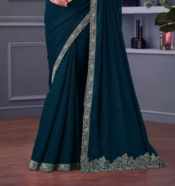 Teal shimmer georgette embroidered saree with unstitched blouse piece 3