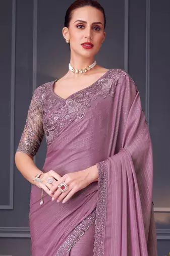 Lavender soft silk blend embroidered saree with unstitched blouse piece