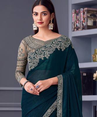 Teal shimmer georgette embroidered saree with unstitched blouse piece 4