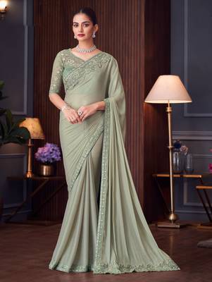 Pista silk blend embroidered saree with unstitched blouse piece 1