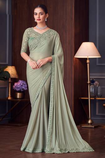 Pista silk blend embroidered saree with unstitched blouse piece