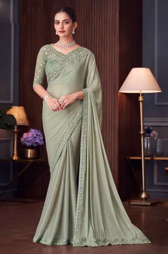 Pista silk blend embroidered saree with unstitched blouse piece