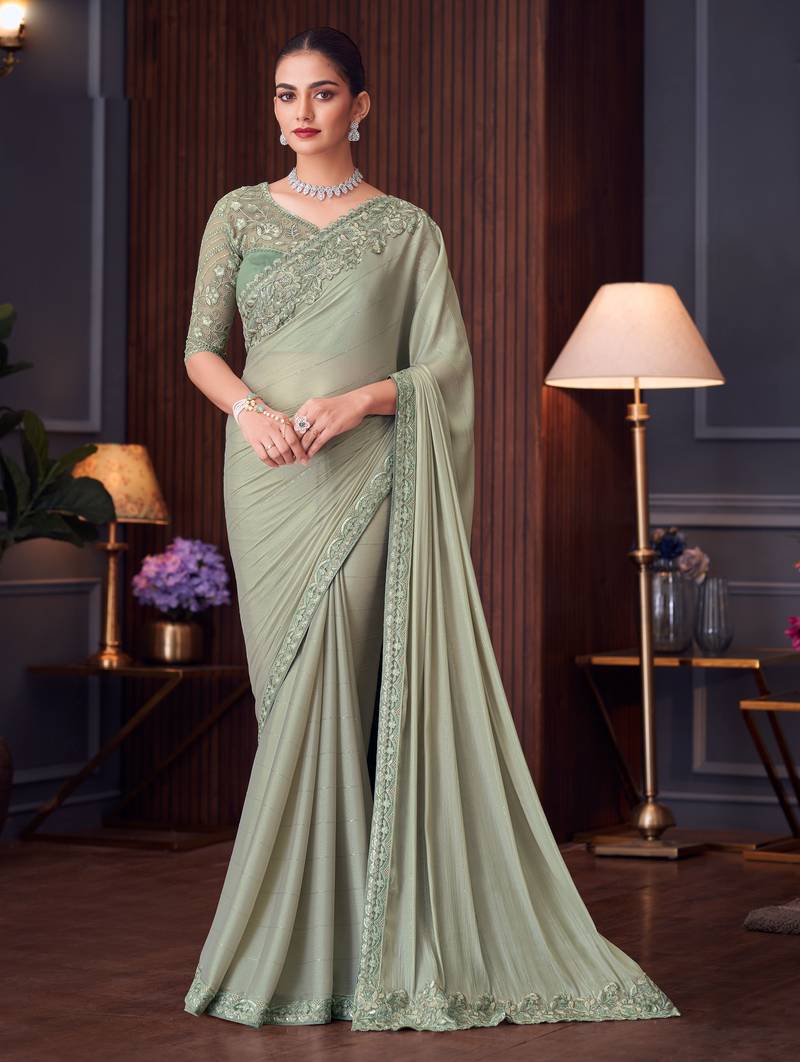 Pista silk blend embroidered saree with unstitched blouse piece