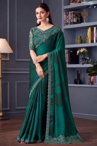 Turquoise satin embroidered saree with unstitched blouse piece
