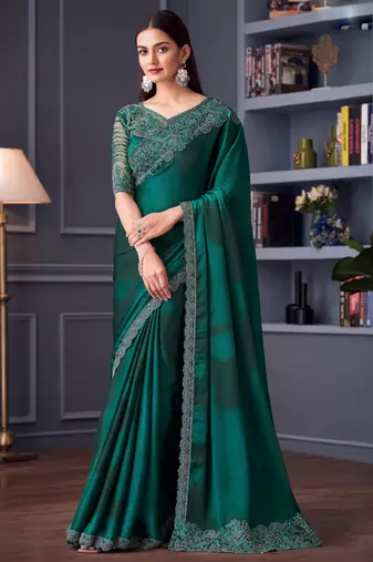 Turquoise satin embroidered saree with unstitched blouse piece