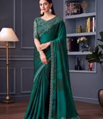 Turquoise satin embroidered saree with unstitched blouse piece