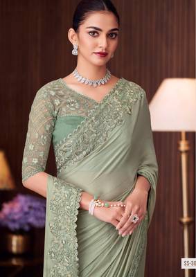 Pista silk blend embroidered saree with unstitched blouse piece 2
