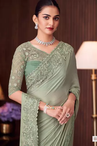 Pista silk blend embroidered saree with unstitched blouse piece