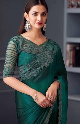 Turquoise satin embroidered saree with unstitched blouse piece 2
