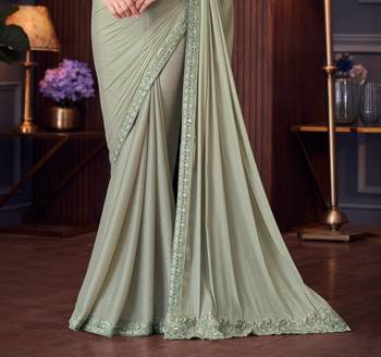 Pista silk blend embroidered saree with unstitched blouse piece 3