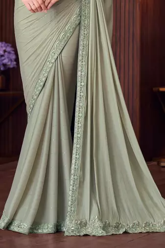 Pista silk blend embroidered saree with unstitched blouse piece