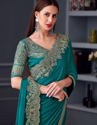 Teal silk blend chiffon embroidered saree with unstitched blouse piece 2