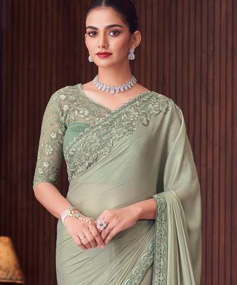 Pista silk blend embroidered saree with unstitched blouse piece 4