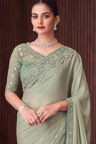 Pista silk blend embroidered saree with unstitched blouse piece