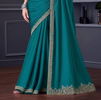 Teal silk blend chiffon embroidered saree with unstitched blouse piece 3