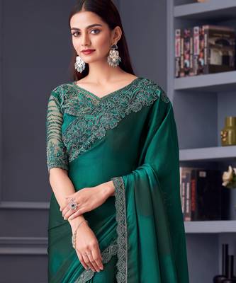 Turquoise satin embroidered saree with unstitched blouse piece 4