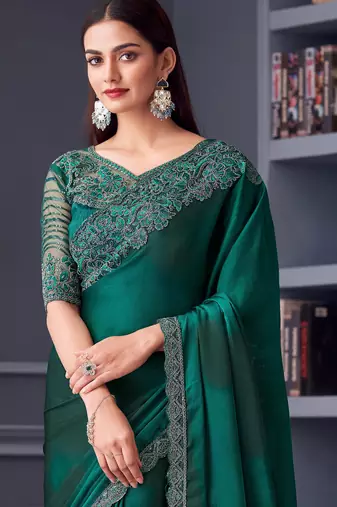Turquoise satin embroidered saree with unstitched blouse piece
