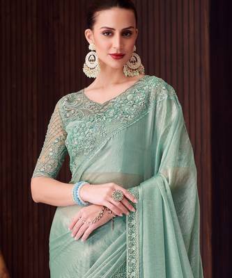 Sea green soft silk blend embroidered saree with unstitched blouse piece 4